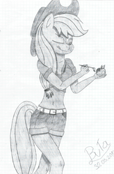 Size: 2991x4555 | Tagged: safe, artist:cypisek95, applejack, earth pony, anthro, g4, apple, belly button, cowboy hat, female, food, graph paper, hat, lined paper, one eye closed, simple background, solo, tongue out, traditional art, white background