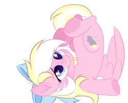 Size: 2574x2070 | Tagged: safe, artist:mint-light, oc, oc only, oc:bay breeze, pegasus, pony, blushing, bow, cute, female, hair bow, high res, looking up, mare, ocbetes, simple background, solo, transparent background, underhoof