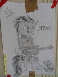 Size: 2736x3648 | Tagged: safe, artist:cypisek95, oc, oc only, oc:jeremy, unicorn, anthro, black and white, grayscale, grin, guitar, high res, hooves, horn, male, monochrome, musical instrument, one eye closed, simple background, sitting, smiling, traditional art, white background