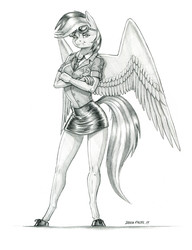 Size: 1000x1304 | Tagged: safe, artist:baron engel, rainbow dash, pegasus, anthro, unguligrade anthro, beautiful, clothes, crossed arms, female, goggles, large wings, legs, looking at you, mare, miniskirt, monochrome, pencil drawing, shoes, simple background, skirt, smiling, solo, sunglasses, thighs, traditional art, uniform, white background, wings, wonderbolts dress uniform