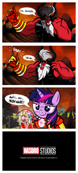 Size: 1552x3428 | Tagged: safe, artist:dan232323, lord tirek, twilight sparkle, alicorn, centaur, pony, g4, and i am iron man, avengers, avengers: endgame, blood, comic, crossover, element of generosity, element of honesty, element of kindness, element of laughter, element of loyalty, element of magic, elements of harmony, female, i am inevitable, i am inevitable and i am iron man, imminent death, infinity gauntlet, injured, iron man, iron mare, male, mare, marvel, parody, spoilers for another series, thanos, thanos snap, twilight sparkle (alicorn), twilight vs tirek