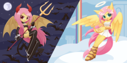 Size: 2160x1080 | Tagged: safe, alternate version, artist:howxu, fluttershy, angel, devil, monster girl, monster pony, anthro, g4, bat wings, choker, clothes, costume, cute, devil horns, diptych, duality, full moon, halloween, holiday, horn, moon, night, pitchfork, shyabetes, wings