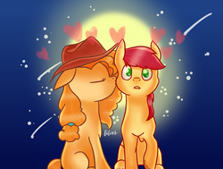 Size: 1950x1476 | Tagged: safe, artist:thesilverlightshines, bright mac, pear butter, earth pony, pony, g4, accessory swap, bright mac's hat, cheek kiss, eyes closed, female, heart, kissing, male, ship:brightbutter, shipping, shooting star, sky, stars, straight, wide eyes
