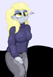 Size: 2277x3311 | Tagged: safe, artist:paskanaakka, derpibooru exclusive, derpy hooves, equestria girls, g4, abstract background, breasts, busty derpy hooves, clothes, derp, female, high res, lidded eyes, one word, solo, sweater, turtleneck