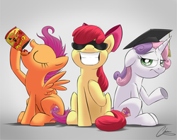 Size: 2937x2322 | Tagged: safe, artist:oinktweetstudios, apple bloom, scootaloo, sweetie belle, earth pony, pegasus, pony, unicorn, g4, growing up is hard to do, apple bloom's bow, big grin, bow, cutie mark crusaders, eating, eyes closed, female, graduation cap, grin, hair bow, hat, high res, mare, older, older apple bloom, older scootaloo, older sweetie belle, smiling, snacks, spicy, sunglasses, sweetie belle is not amused, unamused