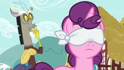 Size: 1920x1080 | Tagged: safe, screencap, discord, sugar belle, pony, g4, the big mac question, blindfold