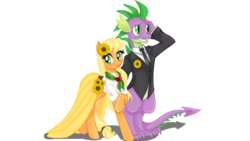 Size: 1024x576 | Tagged: safe, artist:morgwaine, applejack, spike, dragon, earth pony, pony, g4, blushing, clothes, cute, date, dress, female, flower, flower in hair, gala dress, male, mare, older, older spike, ship:applespike, shipping, simple background, straight, transparent background