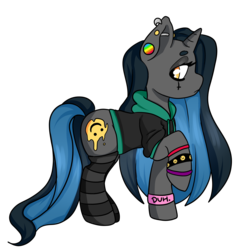 Size: 2000x2000 | Tagged: safe, artist:savibear, oc, oc only, oc:tough cookie (ice1517), pony, unicorn, clothes, ear piercing, earring, eyeshadow, female, high res, hoodie, jewelry, makeup, mare, piercing, raised hoof, simple background, socks, solo, striped socks, transparent background, wristband