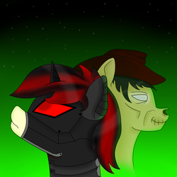 Size: 3000x3000 | Tagged: safe, artist:freezeroffire, oc, oc:blackjack, oc:dealer, cyborg, pony, fallout equestria, fallout equestria: project horizons, alicorn armor, high res, level 4 (alicorn eclipse) (project horizons)