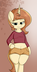 Size: 1675x3240 | Tagged: safe, artist:andelai, oc, oc only, oc:celice, unicorn, semi-anthro, arm hooves, belly button, bipedal, clothes, female, looking at you, mare, midriff, shirt, shorts, simple background, solo, thick, wide hips