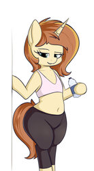 Size: 1796x3242 | Tagged: safe, artist:andelai, oc, oc only, oc:celice, unicorn, semi-anthro, arm hooves, belly button, bipedal, clothes, female, looking at you, mare, midriff, pants, simple background, solo, sports bra, thick, white background, wide hips, yoga pants