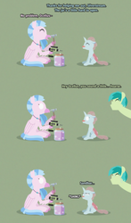 Size: 2306x3933 | Tagged: safe, artist:gd_inuk, ocellus, sandbar, silverstream, changedling, changeling, classical hippogriff, earth pony, hippogriff, pony, blank eyes, claw hold, comic, dialogue, drill, empty eyes, fangs, green background, hammer, inktober, inktober 2019, jar, jewelry, lineless, logo parody, no mouth, no pupils, ocellus is not amused, pun, reeee, scope, sick, simple background, sitting, sound effect, sparkles, sweat, sweatdrop, this will end in pain, this will end in tears, this will not end well, unamused