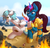 Size: 3040x2894 | Tagged: safe, artist:sugaryviolet, oc, oc only, oc:altus bastion, oc:snap fable, oc:twinkle bloom, earth pony, pony, unicorn, arm behind back, armor, arrested, beach, cuffs, female, fire, giant pony, giantess, guardsmare, high res, levitation, macro, magic, magic suppression, mare, micro, ocean, open mouth, paper, quill, royal guard, sand, sitting, size difference, telekinesis