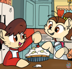 Size: 1121x1070 | Tagged: safe, artist:rainbow eevee, pony, cherry, cute, female, food, kitchen, luan loud, lynn loud, mare, pie, ponified, the loud house, whipped cream