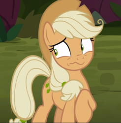 Size: 922x938 | Tagged: safe, screencap, mean applejack, pony, g4, the mean 6, clone, cropped, female, nervous, raised hoof, shrunken pupils, solo, wavy mouth