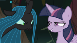 Size: 1668x939 | Tagged: safe, screencap, mean twilight sparkle, queen chrysalis, g4, the mean 6, cropped, duo, female, looking at each other, narrowed eyes, smiling