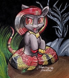 Size: 1505x1698 | Tagged: safe, artist:gleamydreams, derpibooru exclusive, oc, oc only, oc:serpentine, earth pony, lamia, monster pony, original species, pony, snake, snake pony, bracelet, fangs, female, hairclip, halloween, holiday, jewelry, looking at you, mare, necklace, open mouth, palindrome get, piercing, red eyes, signature, solo, tongue out, traditional art