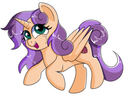 Size: 1021x783 | Tagged: safe, artist:rainbowtashie, oc, oc only, oc:sweet scooter, alicorn, pegasus, pony, unicorn, adorable face, alicorn oc, commissioner:bigonionbean, cute, female, filly, fusion, fusion:scootaloo, fusion:sweetie belle, horn, solo, wings