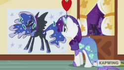 Size: 600x338 | Tagged: safe, screencap, rarity, pony, g4, scare master, season 5, animated, blindfold, clothes, costume, dress, female, gif, mermarity, nightmare night costume, pin the tail on the pony, rarity's mermaid dress, reversed, solo