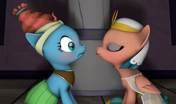 Size: 1819x1077 | Tagged: safe, artist:pika-robo, derpibooru exclusive, meadowbrook, somnambula, earth pony, pegasus, pony, g4, 3d, blushing, duo, duo female, eyes closed, female, hesitant, imminent kissing, lesbian, mare, not sure if want, pillar, shipping, sitting, somnambrook, source filmmaker