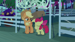 Size: 1280x720 | Tagged: safe, screencap, apple bloom, applejack, earth pony, pony, g4, going to seed, apple, apple tree, box, fence, net, trap (device), tree