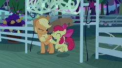 Size: 1280x720 | Tagged: safe, screencap, apple bloom, applejack, pony, g4, going to seed, apple, apple tree, box, fence, high five, net, trap (device), tree