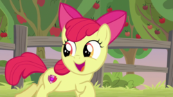Size: 1920x1080 | Tagged: safe, screencap, apple bloom, pony, g4, going to seed, apple, apple tree, female, fence, solo, tree