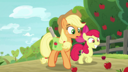 Size: 1920x1080 | Tagged: safe, screencap, apple bloom, applejack, pony, g4, going to seed, apple, apple tree, fence, saddle bag, tree