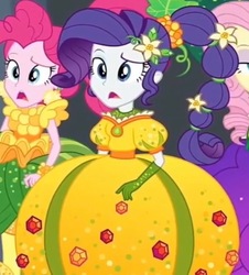 Size: 750x831 | Tagged: safe, screencap, fluttershy, pinkie pie, rarity, equestria girls, equestria girls specials, g4, my little pony equestria girls: better together, my little pony equestria girls: holidays unwrapped, o come all ye squashful, clothes, cornucopia costumes, cropped, dress, female, inflatable dress, puffy sleeves, solo