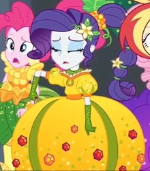 Size: 750x852 | Tagged: safe, screencap, fluttershy, pinkie pie, rarity, sunset shimmer, equestria girls, equestria girls series, g4, holidays unwrapped, o come all ye squashful, spoiler:eqg series (season 2), clothes, cornucopia costumes, cropped, dress, female, inflatable dress, puffy sleeves