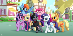 Size: 2400x1200 | Tagged: safe, artist:luminousdazzle, applejack, fluttershy, pinkie pie, rainbow dash, rarity, twilight sparkle, oc, oc:purple flame, alicorn, earth pony, pegasus, pony, unicorn, g4, clothes, female, happy, headphones, hoodie, male, mane six, mare, ponyville, stallion, twilight sparkle (alicorn)