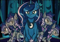 Size: 2048x1431 | Tagged: safe, artist:canvymamamoo, princess luna, alicorn, bat pony, pony, g4, armor, ear fluff, fangs, female, hoof shoes, jewelry, looking at you, male, mare, night guard, open mouth, peytral, regalia, slit pupils, smiling, stallion