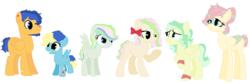 Size: 1453x488 | Tagged: safe, artist:bruisesandbuttercups, flash sentry, fluttershy, oc, oc:aloe vera, oc:maiden's blush, oc:medic marry, oc:mint tea, earth pony, pegasus, pony, g4, alternate design, alternate hairstyle, bandaid, base used, beard, blank flank, bow, colored wings, colored wingtips, facial hair, family, female, filly, flower, flower in hair, flutterflash, freckles, hair bow, hair bun, male, missing cutie mark, offspring, parent:flash sentry, parent:fluttershy, parents:flutterflash, scar, shipping, simple background, straight, tail bun, white background
