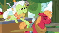 Size: 1280x720 | Tagged: safe, screencap, big macintosh, goldie delicious, granny smith, cat, earth pony, pony, g4, going to seed, apple, apple tree, barrel, cart, fence, male, out of context, sleepy, stallion, tree