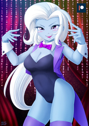 Size: 707x1000 | Tagged: safe, artist:uotapo, trixie, equestria girls, g4, adorasexy, blushing, bowtie, breasts, busty trixie, cleavage, clothes, coat, coattails, cufflinks, cuffs (clothes), curtains, cute, diatrixes, female, leotard, looking at you, magician outfit, patreon, patreon logo, sexy, smiling, solo, stockings, stupid sexy trixie, tailcoat, thigh highs, thighs