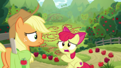 Size: 1920x1080 | Tagged: safe, screencap, apple bloom, applejack, g4, going to seed, apple, apple tree, butt, fence, food, plot, saddle bag, scenery, tree