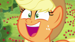 Size: 1920x1080 | Tagged: safe, screencap, applejack, earth pony, pony, g4, going to seed, apple, apple tree, close-up, cute, female, food, freckles, jackabetes, mare, open mouth, solo, tree