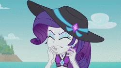 Size: 1280x720 | Tagged: safe, screencap, rarity, equestria girls, g4, lost and found, my little pony equestria girls: better together, animated, bikini, bikini top, clothes, female, marshmelodrama, my ear was naked, rarity being rarity, rarity's purple bikini, solo, sound, swimsuit, webm