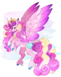 Size: 968x1224 | Tagged: safe, artist:wanderingpegasus, princess cadance, alicorn, pony, g4, blushing, chest fluff, cloven hooves, crown, cute, cutedance, cutie mark, female, fluffy, jewelry, mare, pale belly, peytral, regalia, simple background, smiling, solo, spread wings, tail feathers, unshorn fetlocks, white background, wings