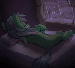 Size: 750x682 | Tagged: artist needed, source needed, safe, lyra heartstrings, pony, unicorn, g4, bed, bedroom, crying, eyes closed, feels, female, lying, mare, night, on side, rain, sad, solo, window