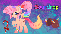 Size: 3840x2160 | Tagged: safe, artist:cansy, oc, oc:sourdrop, pegasus, pony, accessory, bag, candy, candy cane, food, high res, pegasus oc, ponytail