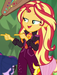 Size: 689x910 | Tagged: safe, screencap, applejack, fluttershy, sci-twi, sunset shimmer, twilight sparkle, equestria girls, equestria girls series, g4, my little pony equestria girls: sunset's backstage pass, spoiler:eqg series (season 2), belt, clothes, cropped, cute, female, geode of empathy, jacket, lidded eyes, magical geodes, not today, paddle, pants, rainbow dash's paddle, shimmerbetes, sleeveless, sleeveless shirt, smiling