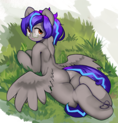 Size: 3282x3421 | Tagged: safe, artist:qweeli, oc, oc only, oc:megabyte, pegasus, pony, butt, butt wings, glasses, grass, high res, looking at you, plot, prone, solo, wings
