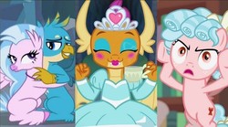 Size: 640x356 | Tagged: safe, screencap, cozy glow, gallus, silverstream, smolder, classical hippogriff, dragon, griffon, hippogriff, pegasus, pony, g4, what lies beneath, bookshelf, cave, clothes, cozy glow is best facemaker, cozy glow is not amused, cup, cute, diastreamies, dress, eyes closed, female, foal, gallabetes, hug, lipstick, looking at each other, makeup, male, princess smolder, puffy sleeves, raised hoof, smolderbetes, teacup