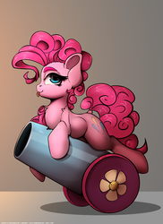 Size: 2000x2750 | Tagged: safe, artist:hitbass, artist:skitsroom, pinkie pie, earth pony, pony, g4, :p, collaboration, cutie mark, dock, ear fluff, female, high res, leg fluff, mare, party cannon, profile, solo, tongue out