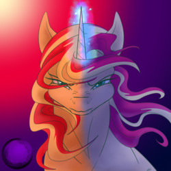 Size: 1280x1280 | Tagged: safe, artist:will-owl-the-wisp, sunset shimmer, pony, unicorn, g4, abstract background, female, glowing horn, horn, serious, serious face, signature, solo, windswept mane