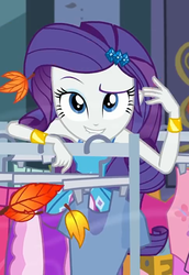 Size: 723x1050 | Tagged: safe, screencap, rarity, equestria girls, equestria girls series, g4, street chic, spoiler:eqg series (season 2), autumn, autumn leaves, beautiful, bracelet, clothes, clothes rack, cropped, cute, female, jewelry, leaf, leaves, lip bite, looking at you, makeup, raised eyebrow, smiling, solo, talking, talking to viewer, wind, wind blowing