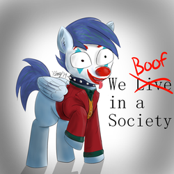 Size: 1200x1200 | Tagged: safe, artist:kalashnikitty, oc, oc only, oc:slipstream, pony, boofy, boofy is a good boy, collar, crazy face, faic, makeup, male, solo, spiked collar, stallion, text, the joker, we live in a society