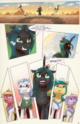 Size: 1253x1950 | Tagged: safe, artist:saturdaymorningproj, queen chrysalis, oc, changeling, changeling queen, pony, comic:i await a guardian, g4, comic, dialogue, digital art, female, male, mare, smiling, stallion, surprised