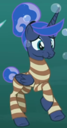 Size: 215x410 | Tagged: safe, screencap, princess celestia, princess luna, alicorn, pony, between dark and dawn, g4, season 9, alternate hairstyle, bare hooves, bubble, clothes, cropped, female, hair bun, holding breath, mare, ponytail, royal sisters, solo focus, striped swimsuit, swimming, swimsuit, tail bun, underwater, wings